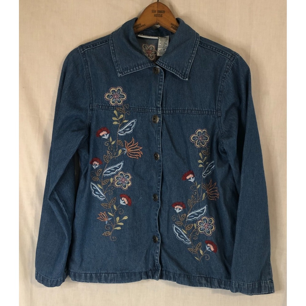 90s National Womens Jean Jacket Blue Floral Button‎ Up Embroidered Denim Size 8P